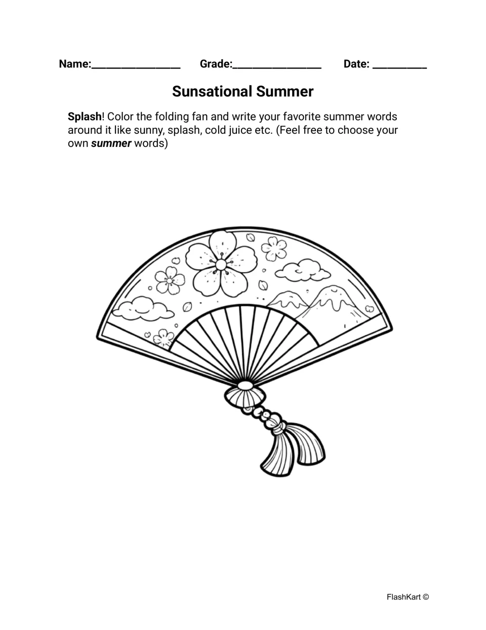 Sunsational Summer: students color a folding fan and write summer words like sunny, splash and cold juice around it