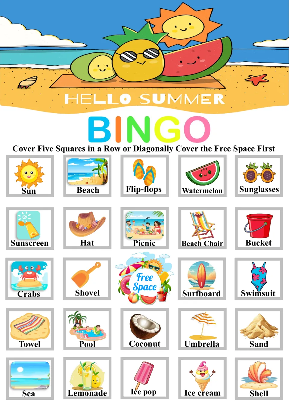 Hello Summer bingo board: players cover labeled beach pictures for five in a row; top row Sun, Beach, Flip-flops