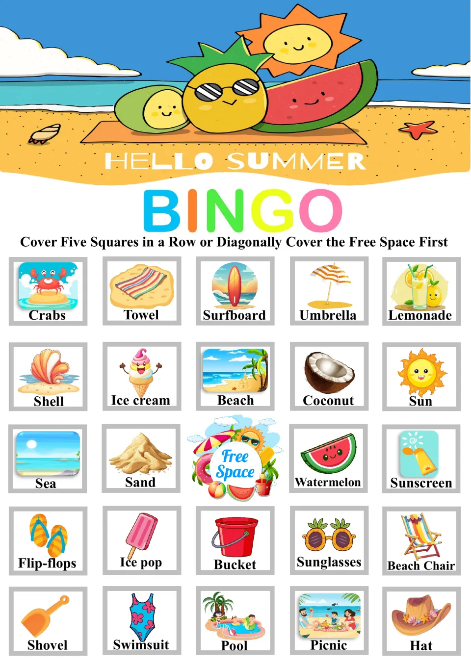 Summer bingo card two: children match called beach words to pictures such as Crabs, Towel, Surfboard, Umbrella, Lemonade