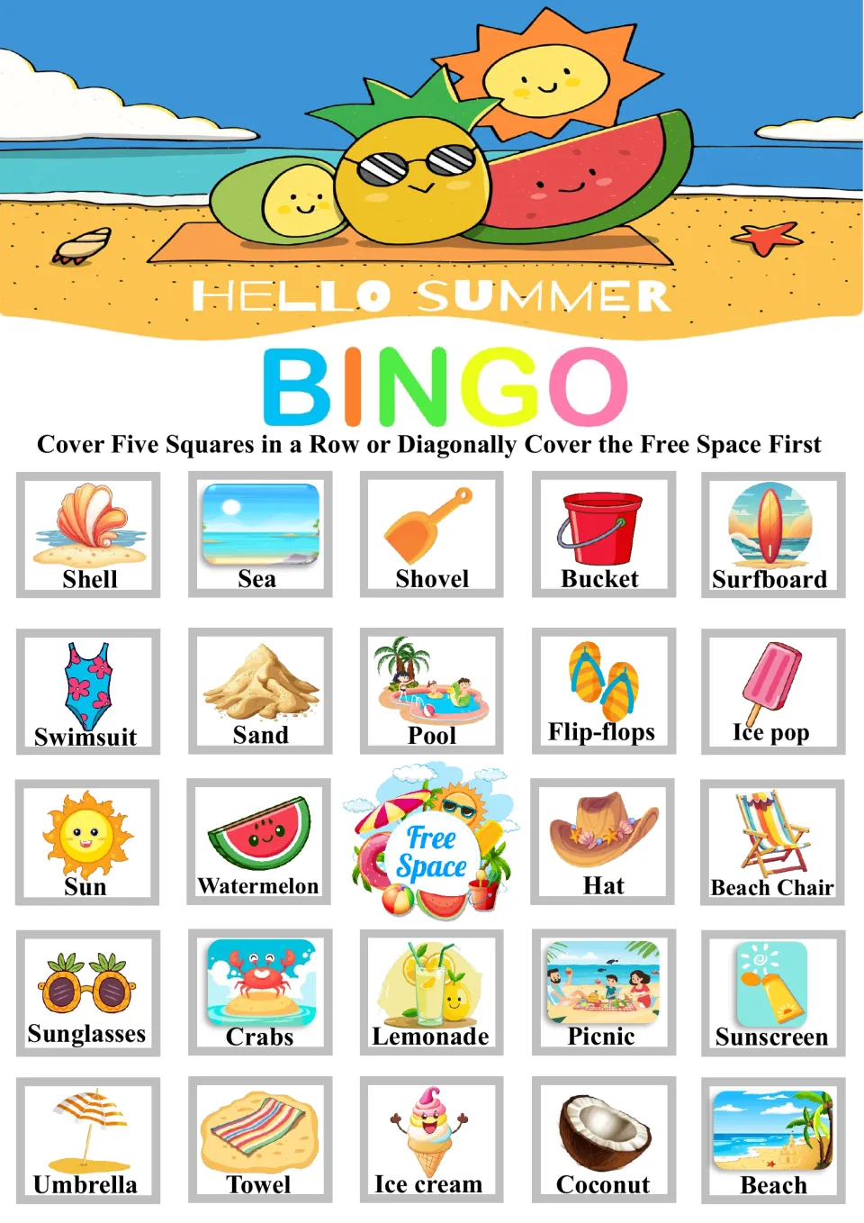 Beach bingo board three: picture-word matching of summer items, top row Shell, Sea, Shovel, Bucket, Surfboard