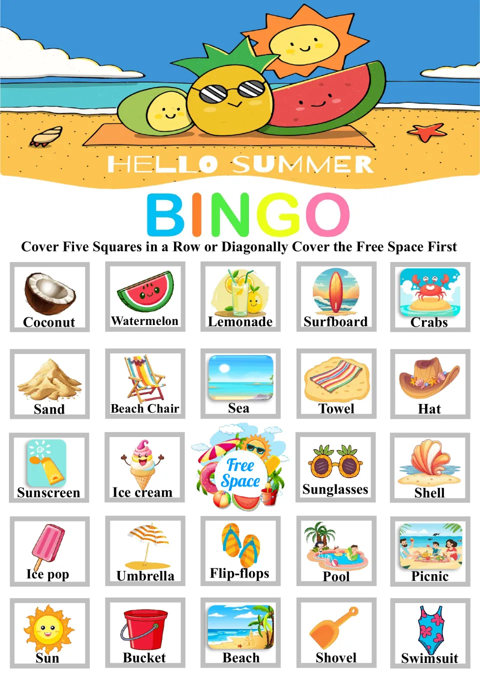 Hello Summer bingo board four: players cover called pictures, from Coconut and Watermelon to Shovel and Swimsuit