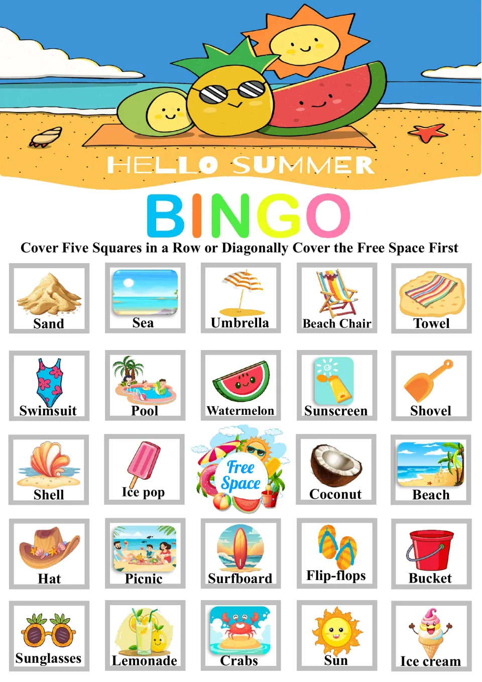 Summer bingo card five: children listen and cover beach pictures, top row Sand, Sea, Umbrella, Beach Chair, Towel