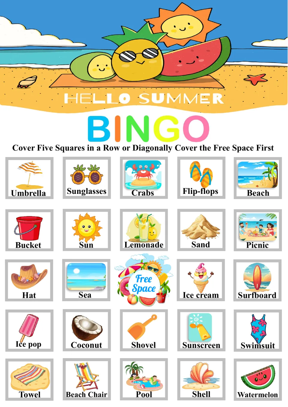 Beach vocabulary bingo board six: Free Space first, then cover labeled items; top row Umbrella, Sunglasses, Crabs