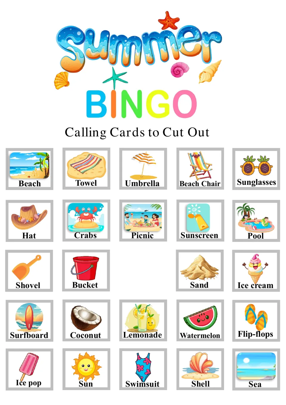 Summer bingo calling cards to cut out: 24 labeled beach pictures, including Beach, Towel, Hat, Crabs, Ice pop and Sea