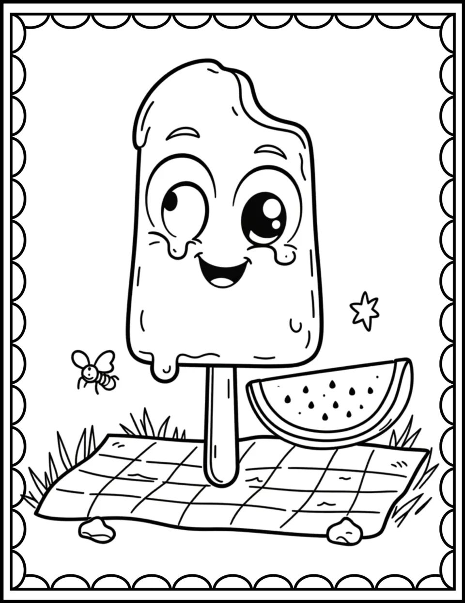 Summer coloring sheet 1: a smiling, melting popsicle beside a watermelon slice on a picnic blanket