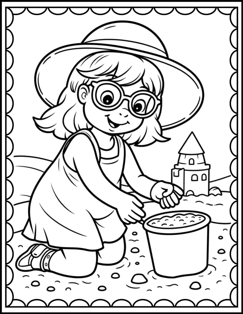 Beach coloring sheet 2: a girl wearing glasses and a sun hat kneels beside a sand bucket and sandcastle