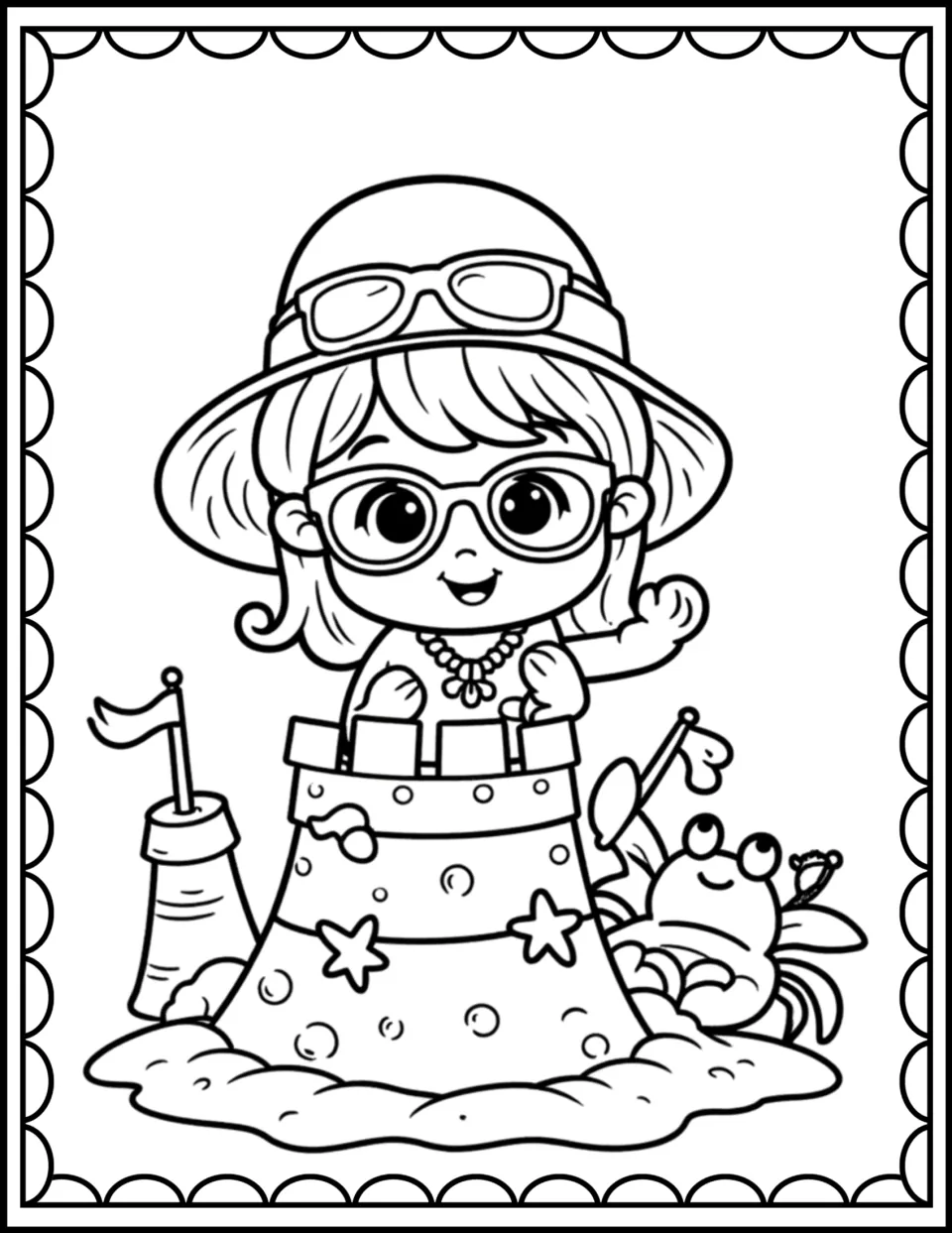 Beach coloring sheet 3: a girl wearing glasses waves from behind a large sandcastle beside a smiling crab