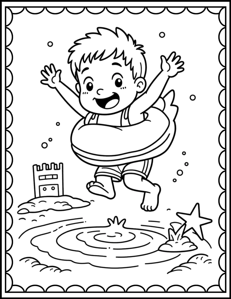 Beach coloring sheet 4: a boy wearing a swim ring jumps above the water near a small sandcastle and starfish
