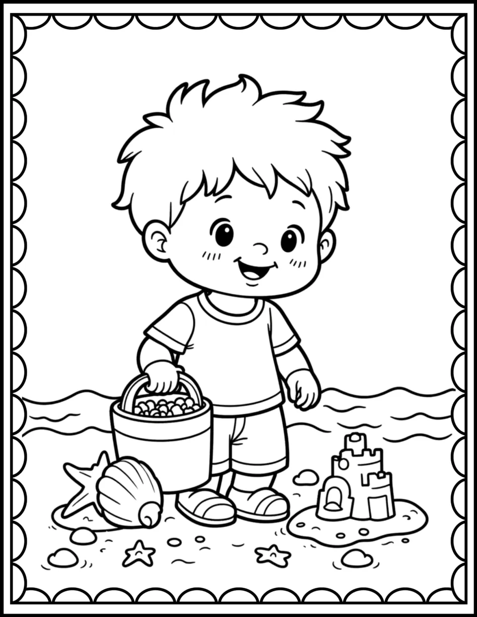 Beach coloring sheet 5: a boy holds a bucket beside a large seashell, starfish, and a small sandcastle