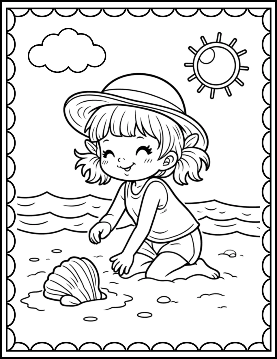 Beach coloring sheet 6: a girl in a sun hat kneels beside a large seashell with ocean waves behind her