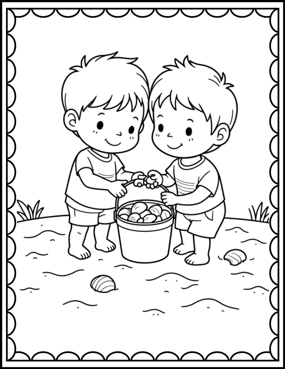 Beach coloring sheet 7: two barefoot boys hold a bucket filled with shells while standing on the sand