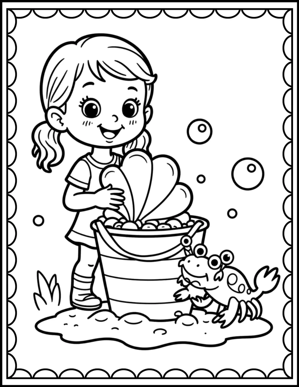 Beach coloring sheet 8: a girl holds a large shell in a bucket beside a cartoon sea creature and bubbles