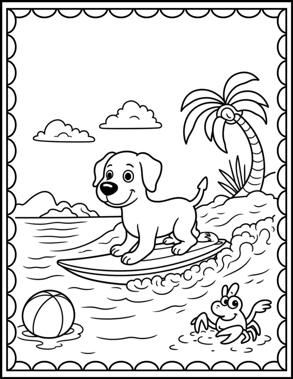 Beach coloring sheet 9: a dog rides a surfboard near a palm tree, with a beach ball and crab in the water