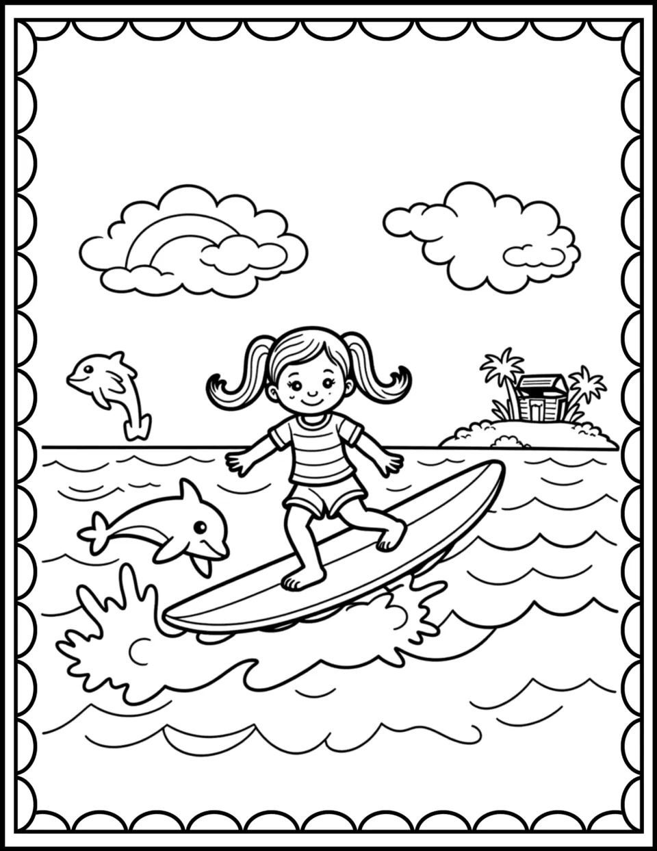 Beach coloring sheet 10: a girl surfs beside two dolphins, with a rainbow and a small island in the distance