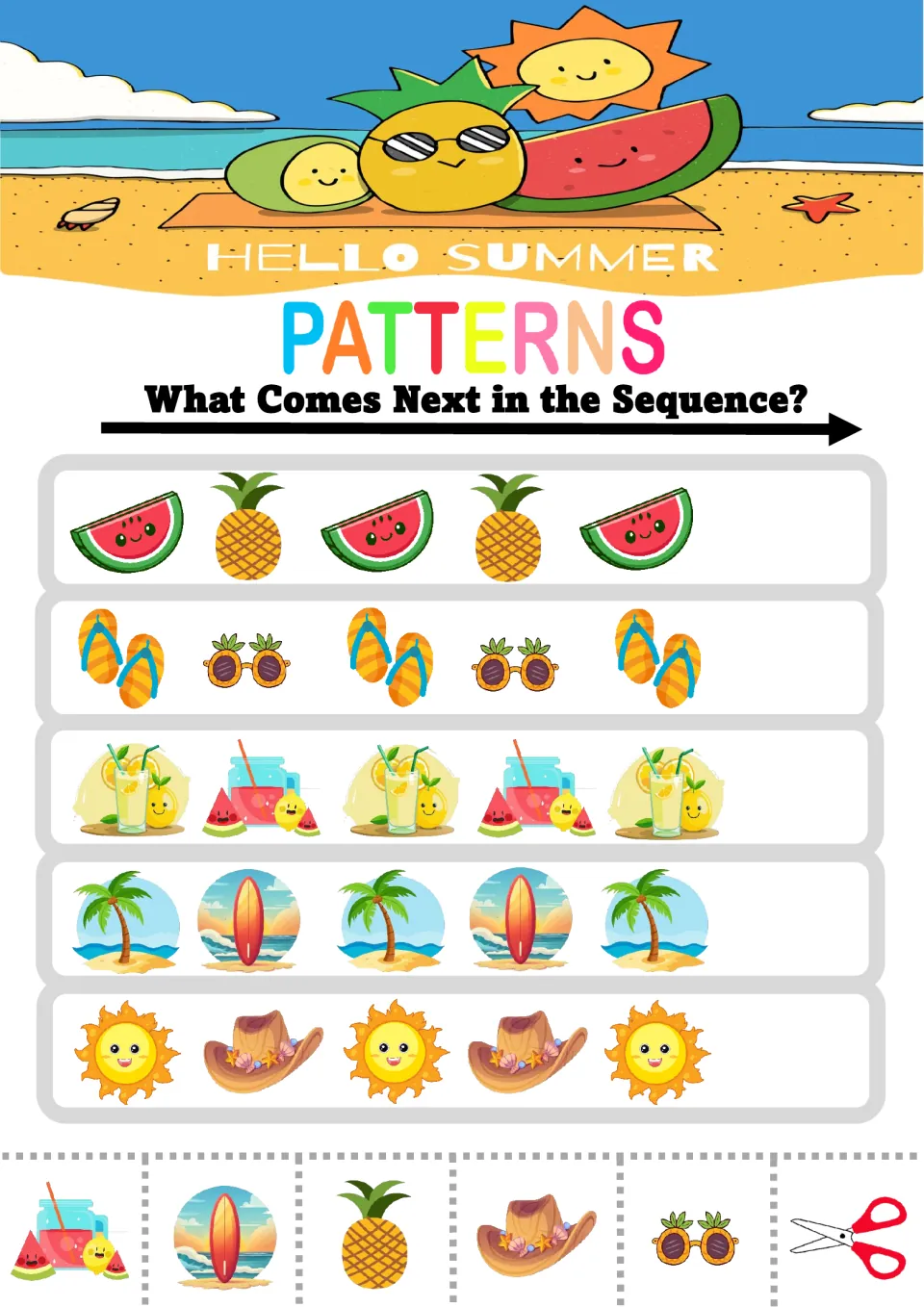 Summer AB patterns: students cut out and glue what comes next after watermelon-pineapple, flip-flops-sunglasses and more