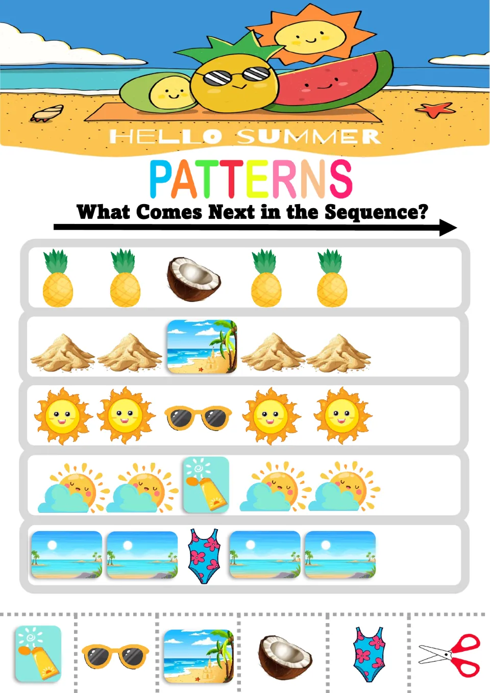 AAB patterns: students extend rows like pineapple-pineapple-coconut and sun-sun-sunglasses with a cut-out picture