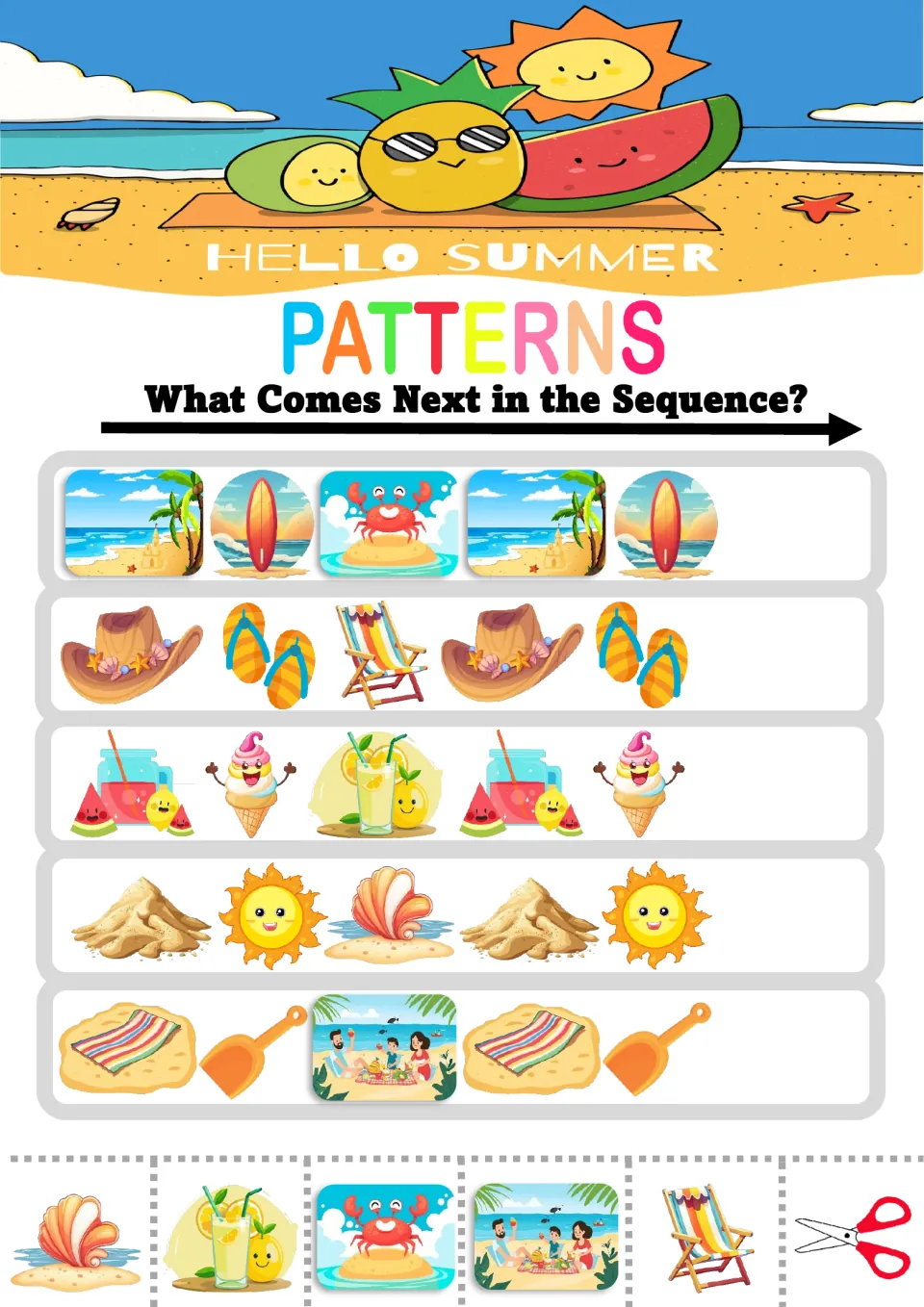 ABC patterns: students glue the next beach picture in rows like hat-flip-flops-chair and sand-sun-seashell