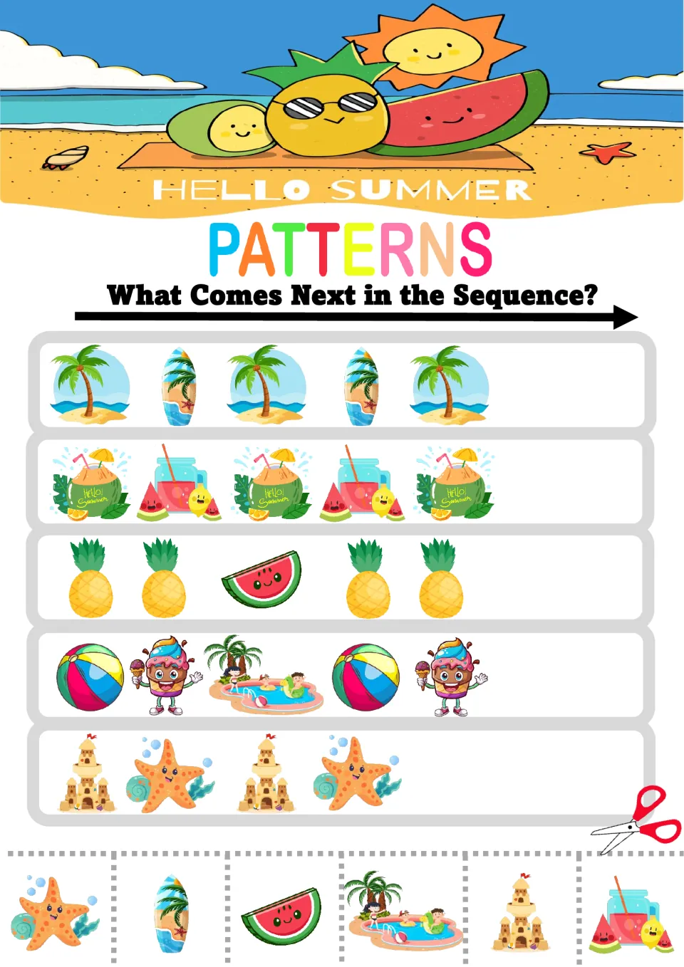 Mixed summer patterns: students continue palm tree-surfboard, pineapple-pineapple-watermelon and sandcastle-starfish rows