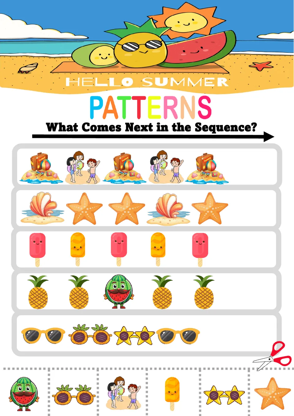 Mixed beach patterns: students choose what follows in red-orange popsicle, shell-starfish-starfish and sunglasses rows