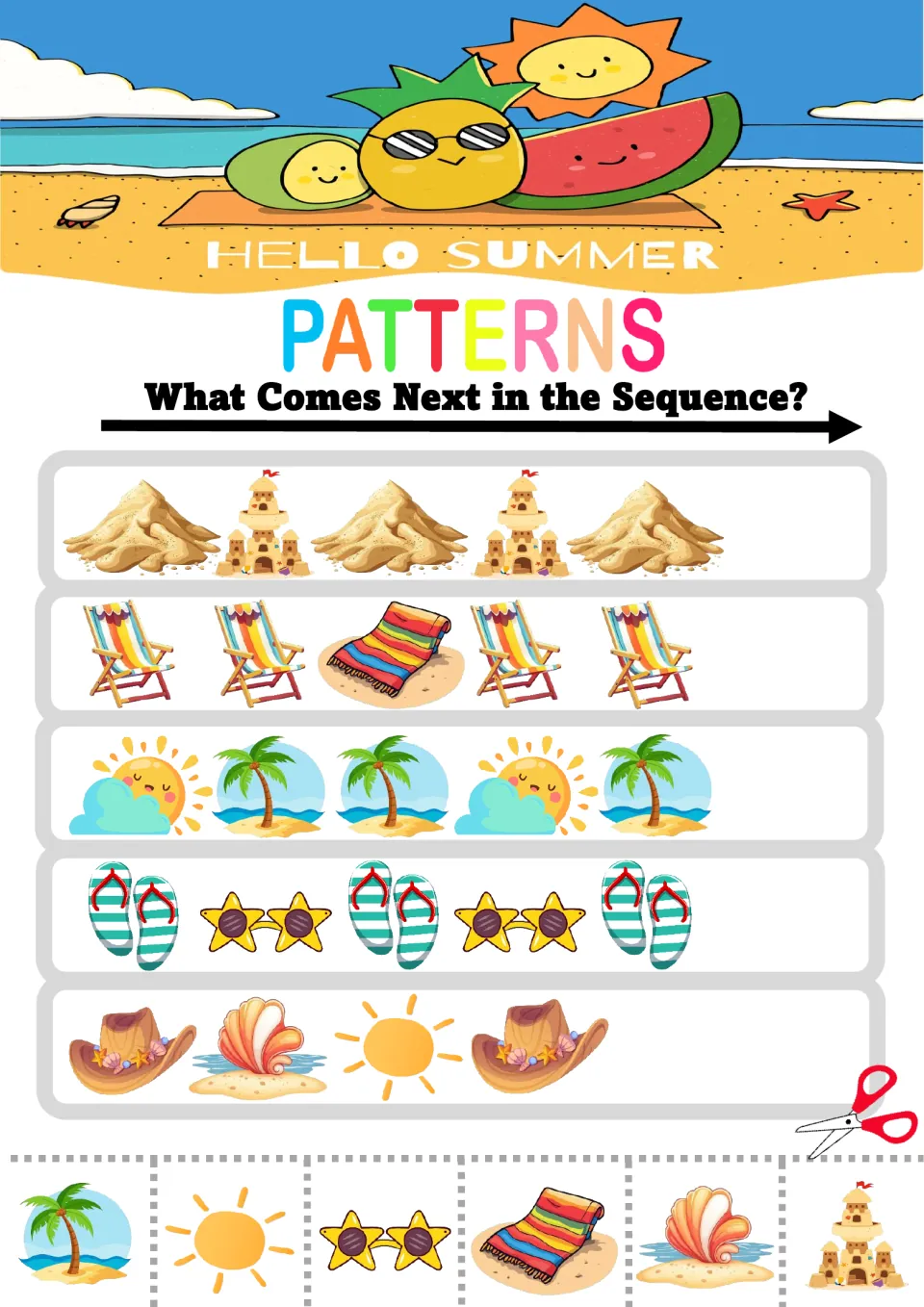 Pattern practice: students decide what comes next for sand-sandcastle, chair-chair-towel and hat-shell-sun sequences