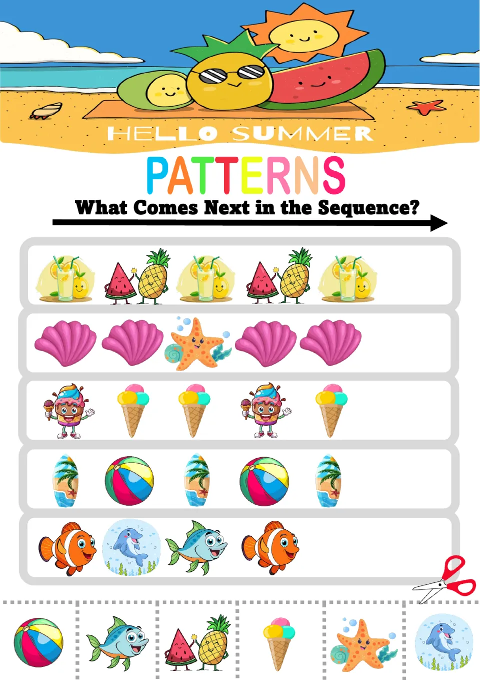 Ocean and treat patterns: students complete shell-shell-starfish, surfboard-beach ball and clownfish-dolphin-fish rows