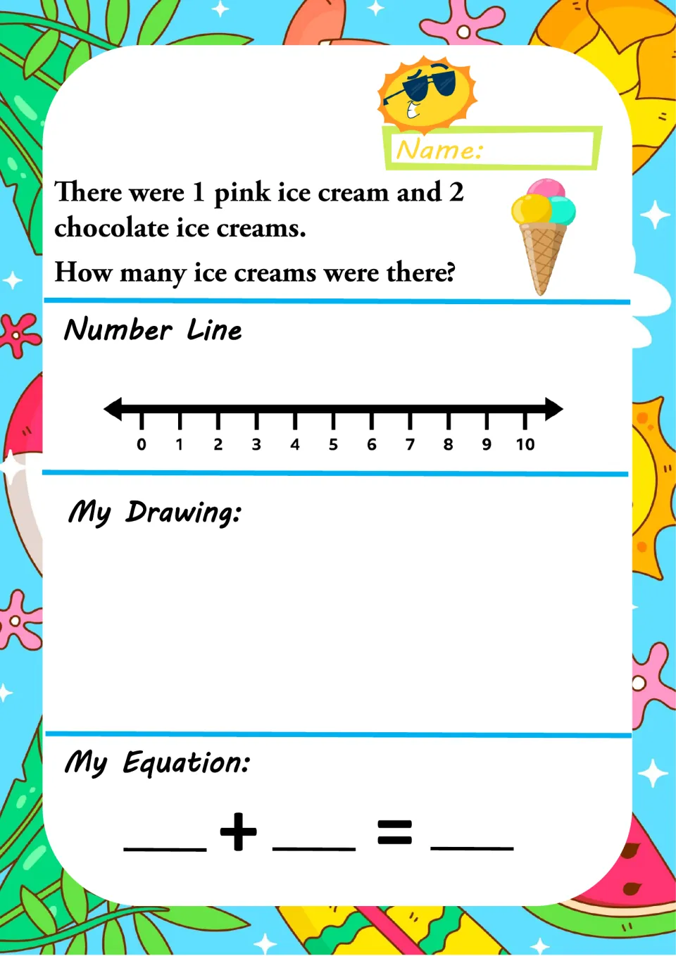 Ice cream addition story: 1 pink and 2 chocolate ice creams; students count on a number line, draw it and fill in a sum