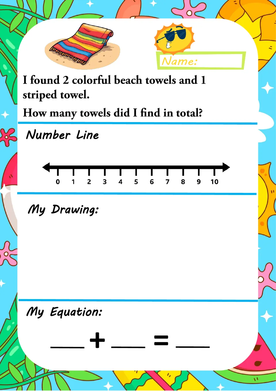 Beach towel word problem: 2 colorful towels plus 1 striped towel; students hop the number line, sketch and write the sum