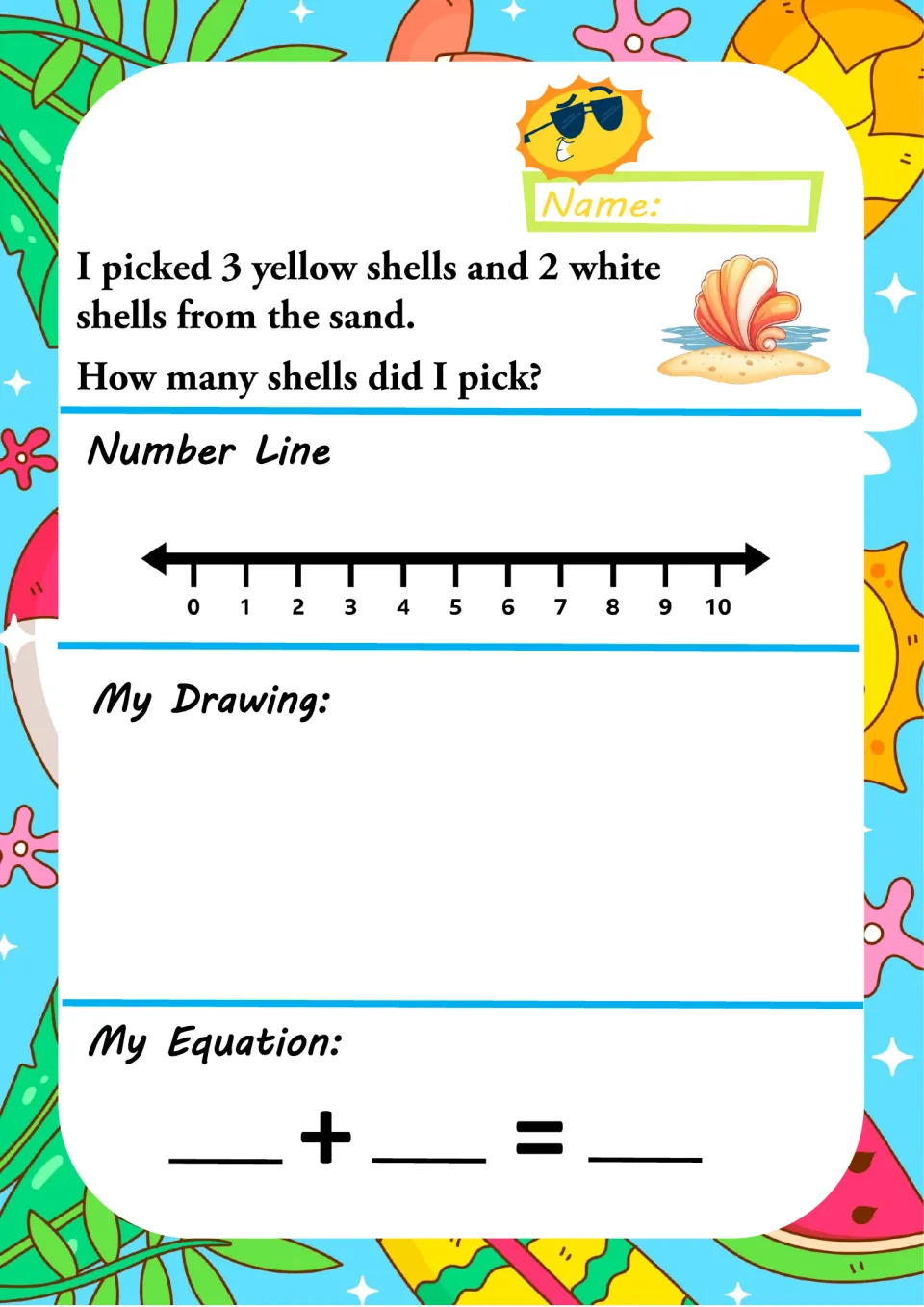 Seashell addition: 3 yellow and 2 white shells picked from the sand; students add on a 0-10 number line and write 3 + 2