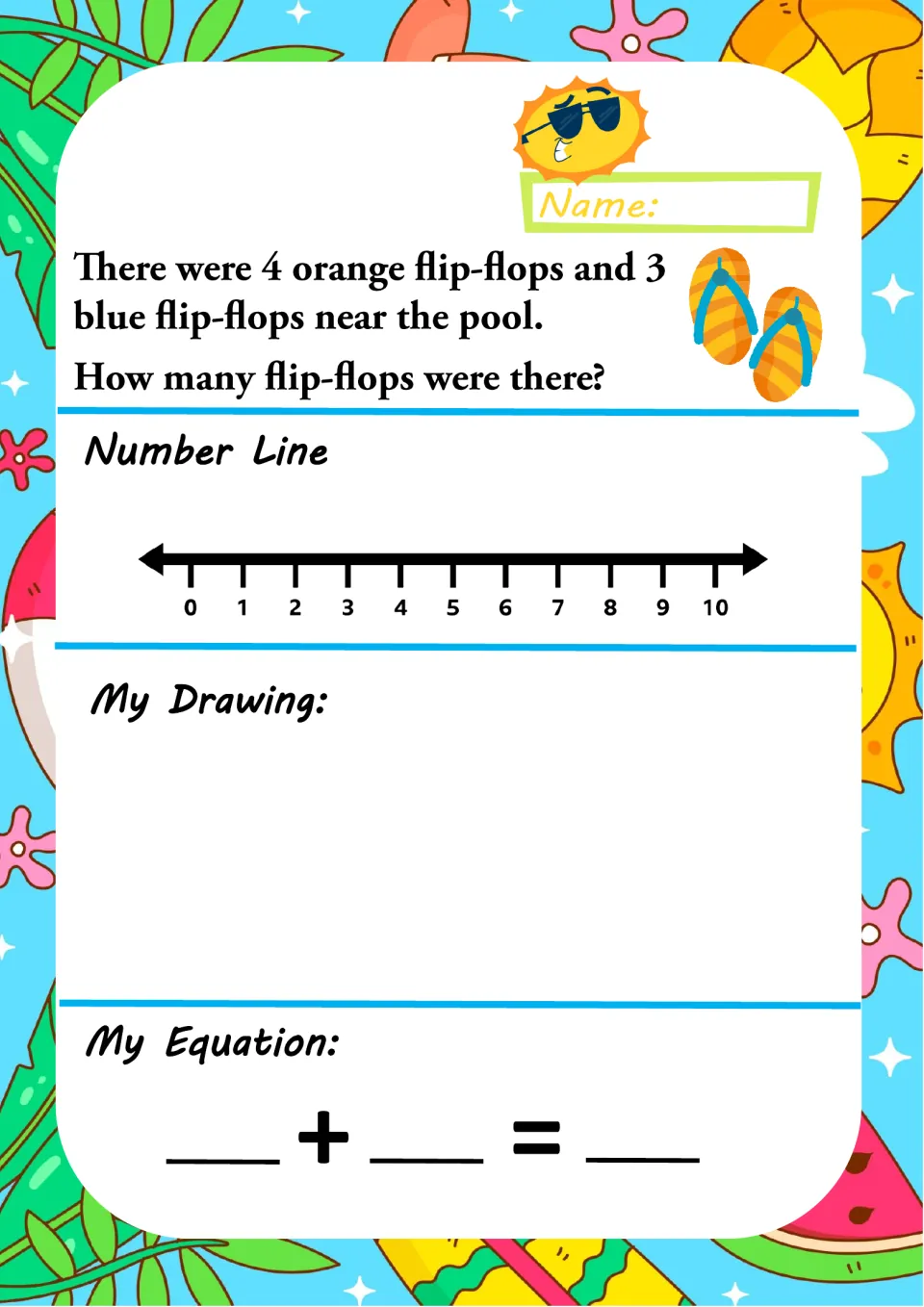 Flip-flop word problem: 4 orange and 3 blue flip-flops near the pool; students find the total by drawing and number line