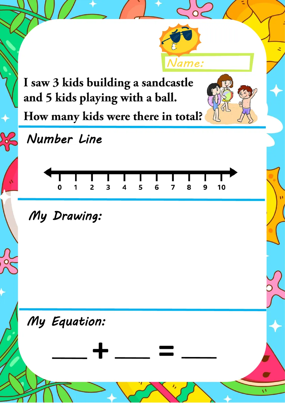 Beach kids addition: 3 building a sandcastle and 5 playing ball; students add with a number line, picture and equation