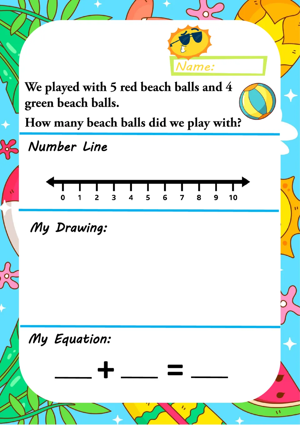 Beach ball addition: 5 red and 4 green beach balls; students jump along the 0-10 number line, draw the balls and add