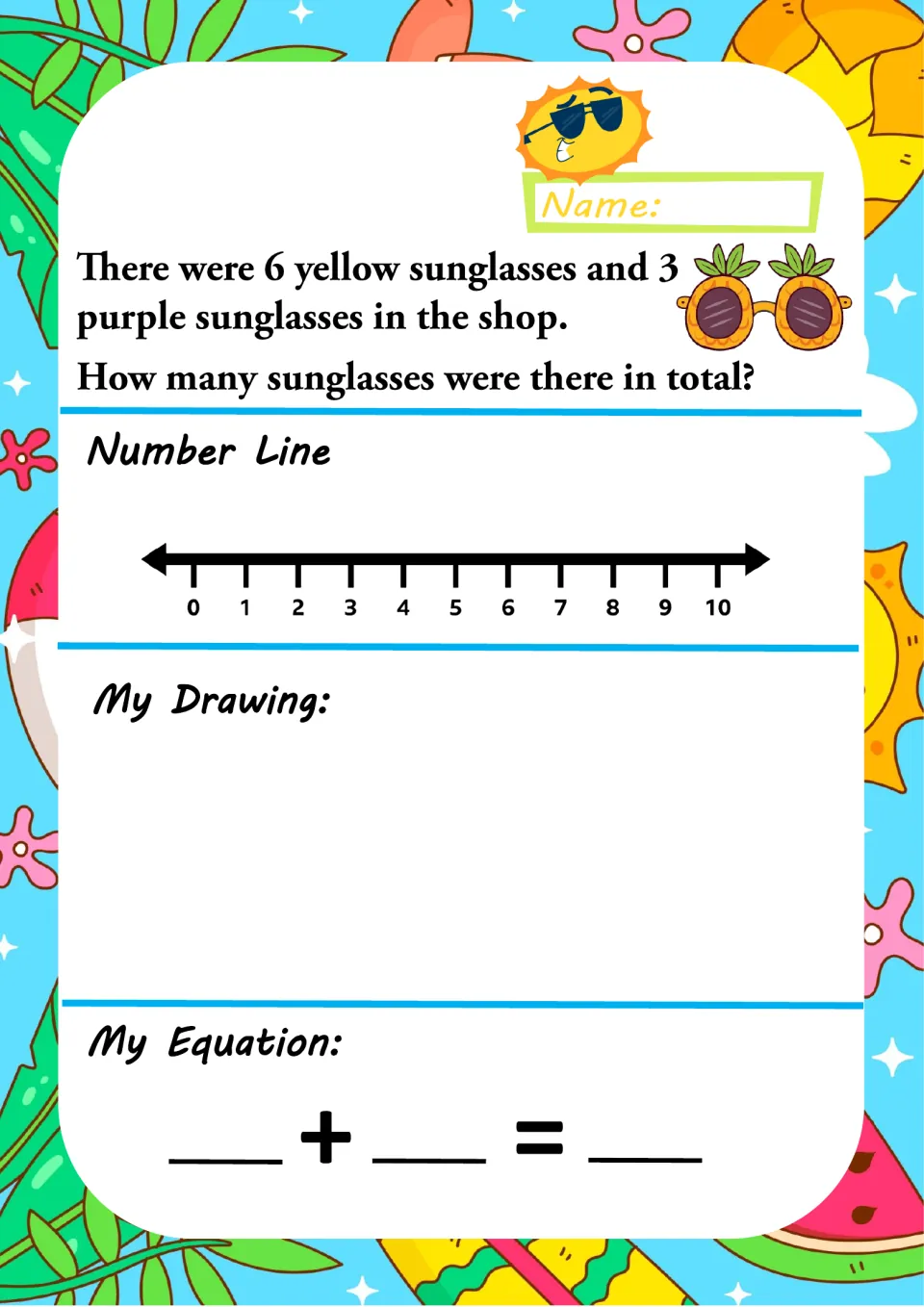 Sunglasses shop story problem: 6 yellow and 3 purple sunglasses; students count on the number line and write the equation