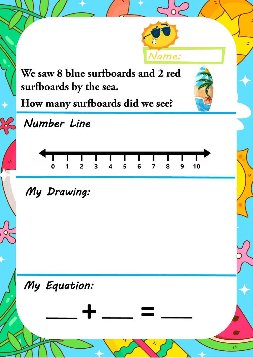 Surfboard addition: 8 blue and 2 red surfboards by the sea; students find the total on the number line and in an equation