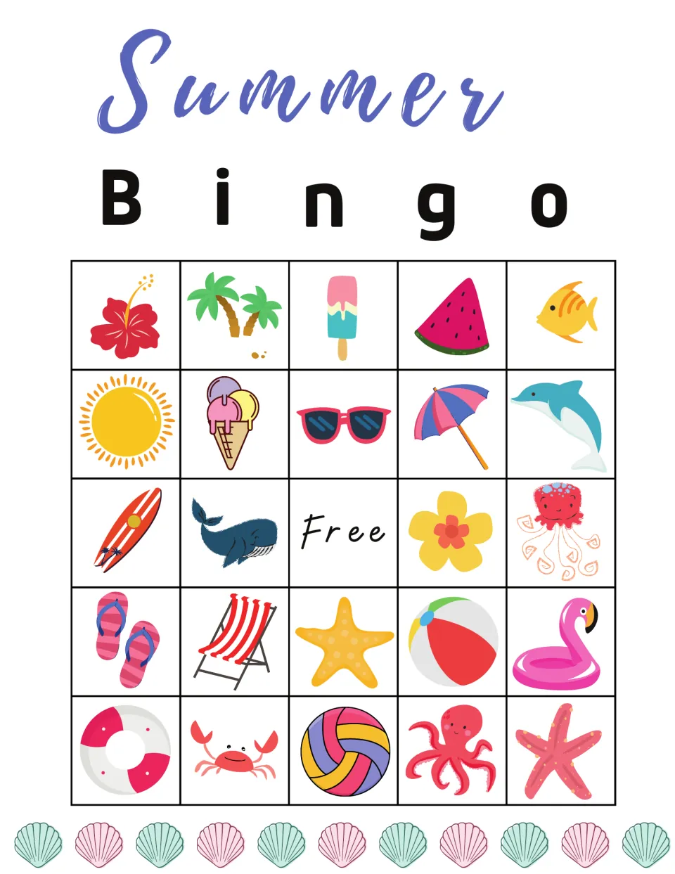 Summer picture bingo card 1: 24 pictures to mark around a Free space; first row hibiscus, palms, popsicle, watermelon, fish