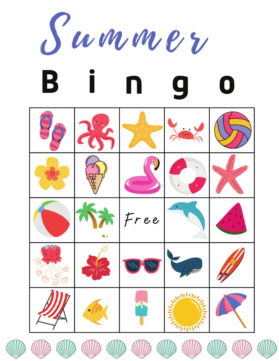 Summer picture bingo card 2: players spot called pictures; top row flip-flops, octopus, starfish, crab and volleyball
