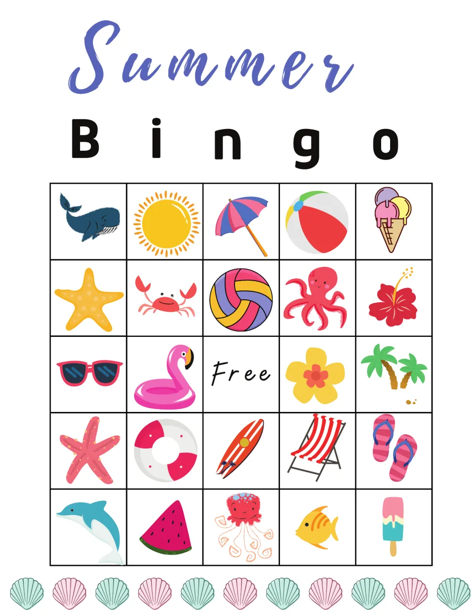 Summer picture bingo card 3 with sea animals and beach items to mark; top row whale, sun, umbrella, beach ball, ice cream
