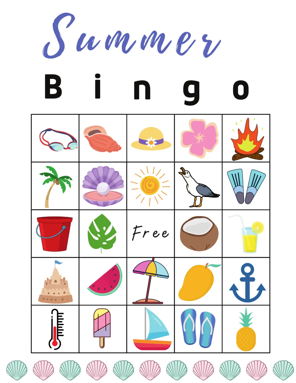 Summer picture bingo card 4 using a second image set; top row goggles, conch shell, sun hat, pink flower and campfire