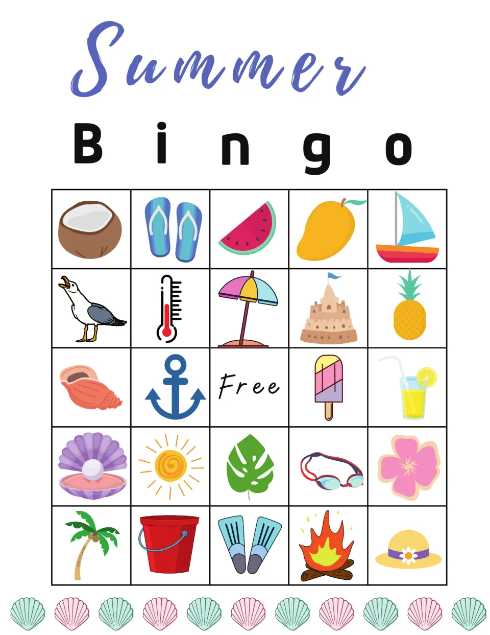Summer picture bingo card 5 for matching called items; top row coconut, flip-flops, watermelon slice, mango and sailboat