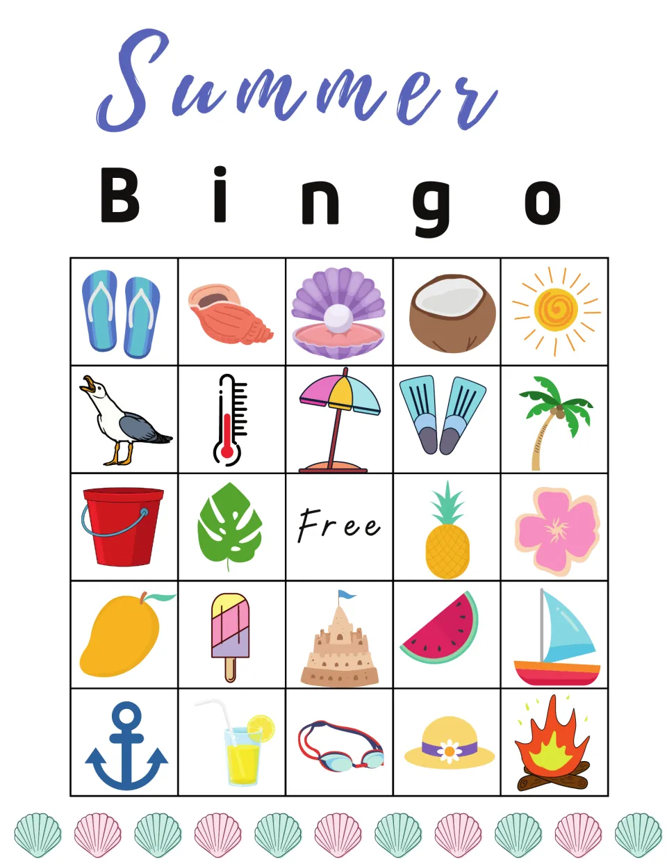 Summer picture bingo card 6 with seaside pictures to mark; top row flip-flops, conch shell, pearl clam, coconut and sun