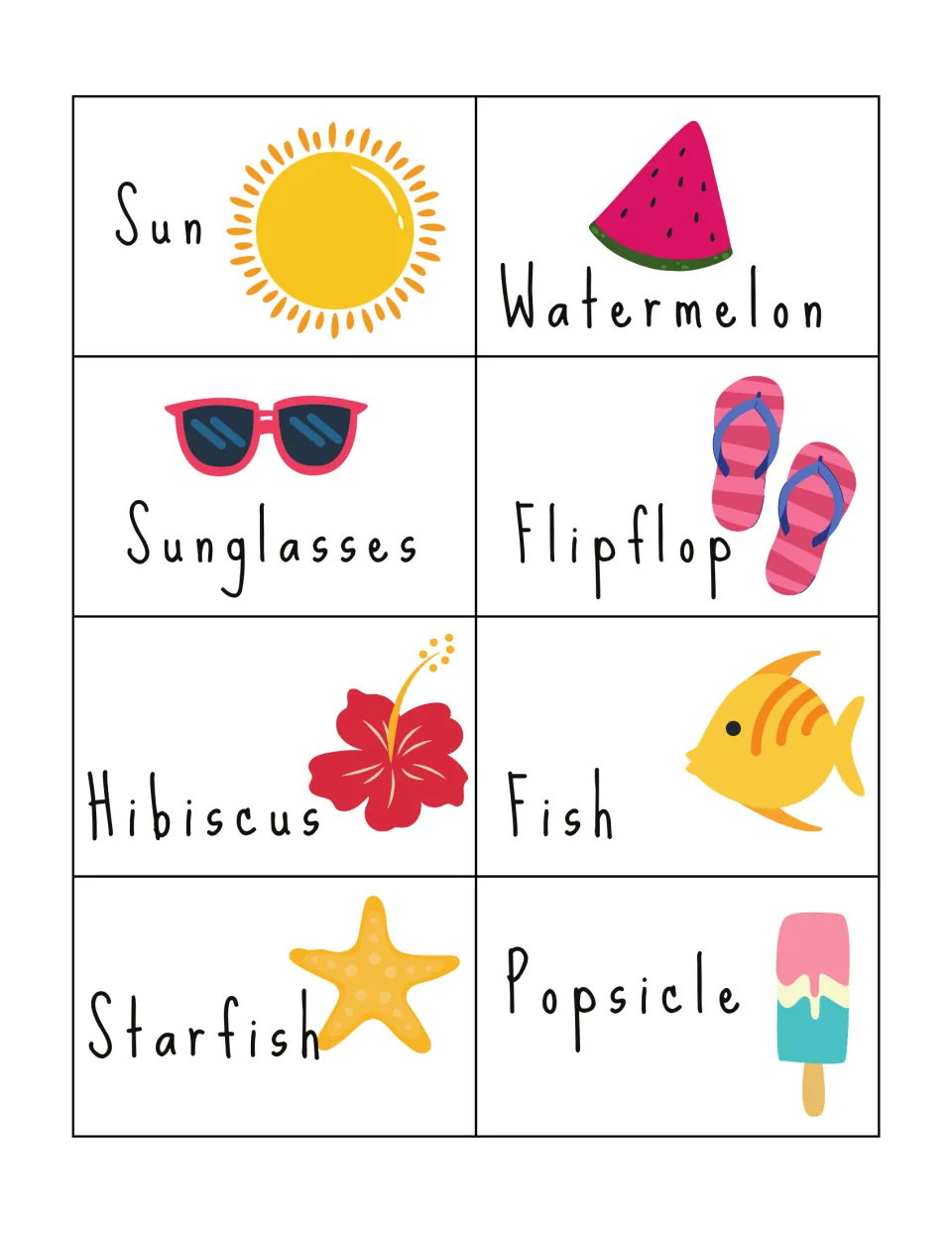 Summer bingo word-and-picture calling cards: Sun, Watermelon, Sunglasses, Flipflop, Hibiscus, Fish, Starfish, Popsicle