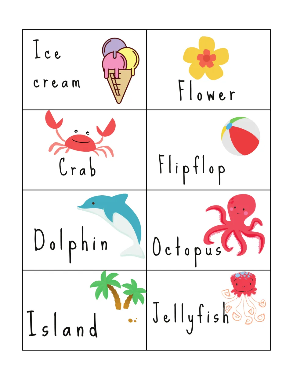 Summer calling cards: Ice cream, Flower, Crab, Dolphin, Octopus, Island, Jellyfish and a beach ball labeled Flipflop