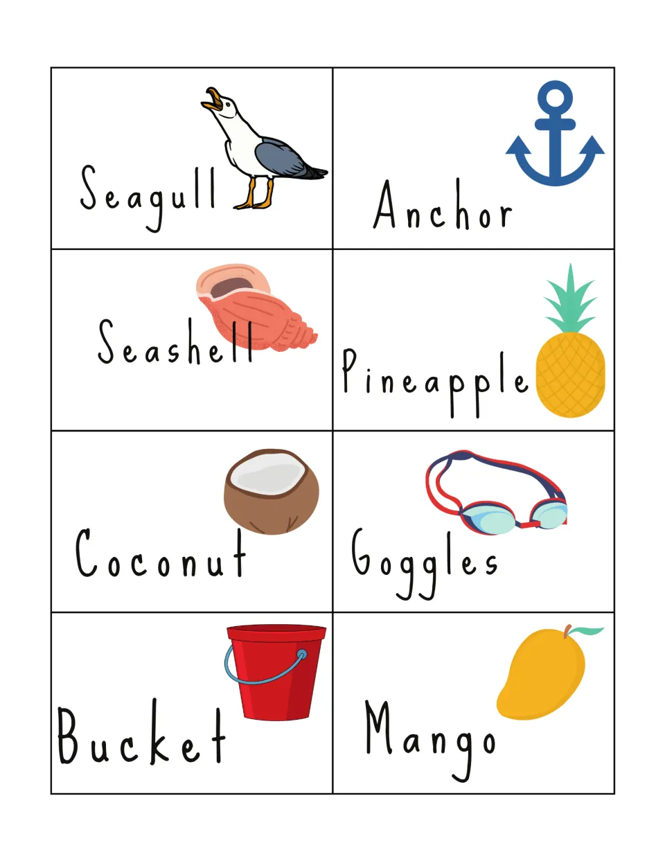 Summer bingo word-and-picture calling cards: Seagull, Anchor, Seashell, Pineapple, Coconut, Goggles, Bucket, Mango