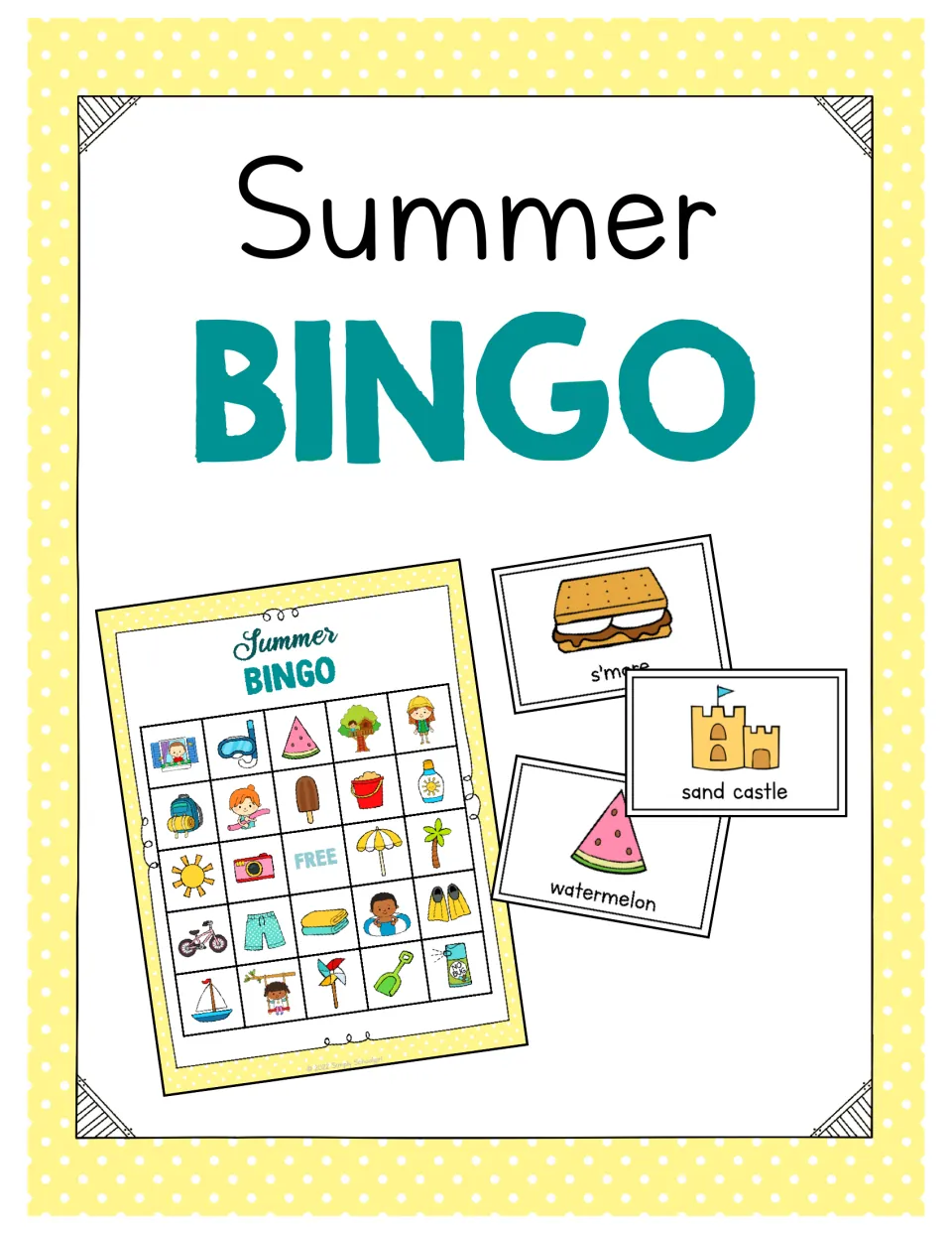 Summer Bingo Game cover showing a sample playing board and call-out cards for s’more, sand castle and watermelon