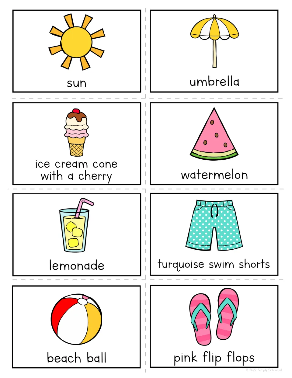Summer bingo call-out cards 1–8: sun, umbrella, ice cream cone with a cherry, watermelon and four more