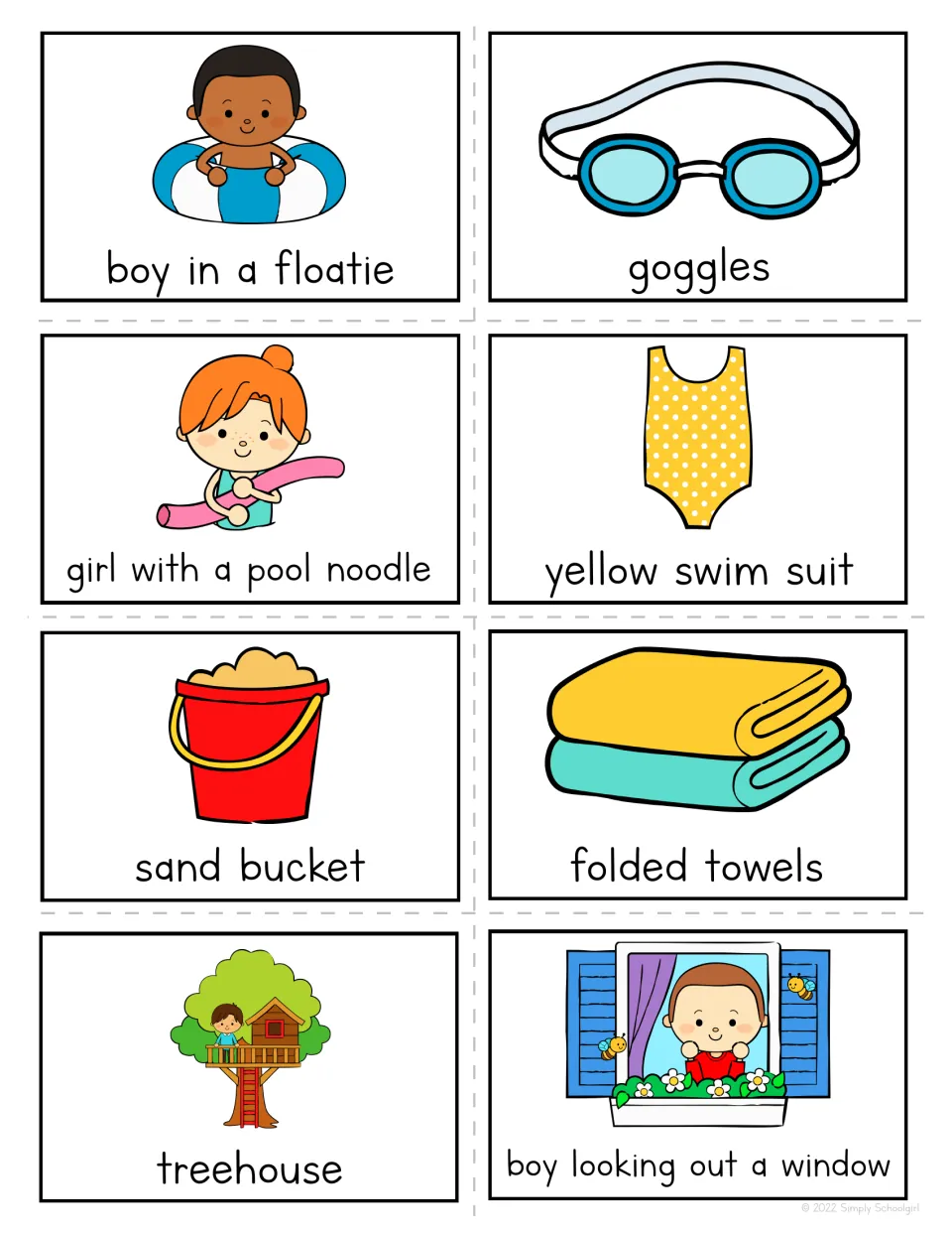 Summer bingo call-out cards 9–16: boy in a floatie, goggles, girl with a pool noodle and five more