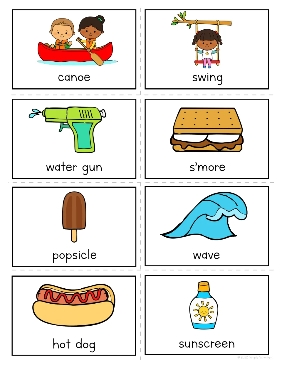 Summer bingo call-out cards 17–24: canoe, swing, water gun, s’more, popsicle, wave, hot dog and sunscreen