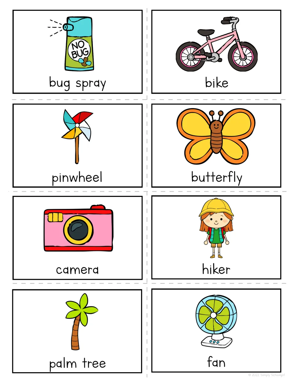 Summer bingo call-out cards 25–32: bug spray, bike, pinwheel, butterfly, camera, hiker, palm tree and fan