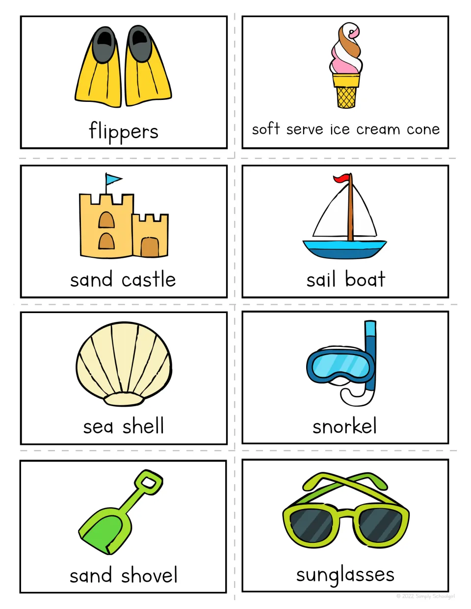 Summer bingo call-out cards 33–40: flippers, soft serve ice cream cone, sand castle, sail boat and four more