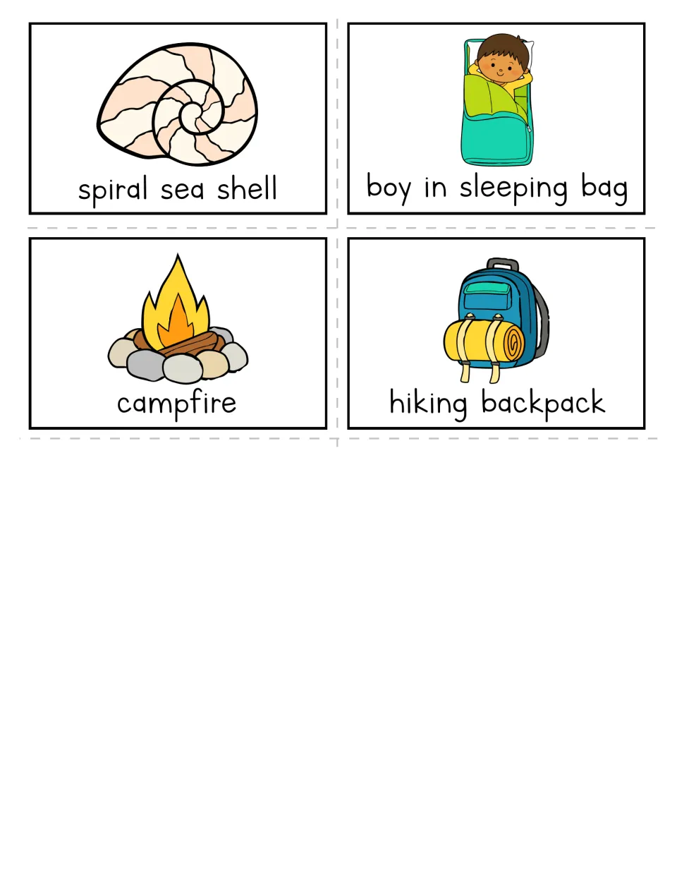 Summer bingo call-out cards 41–44: spiral sea shell, boy in sleeping bag, campfire and hiking backpack