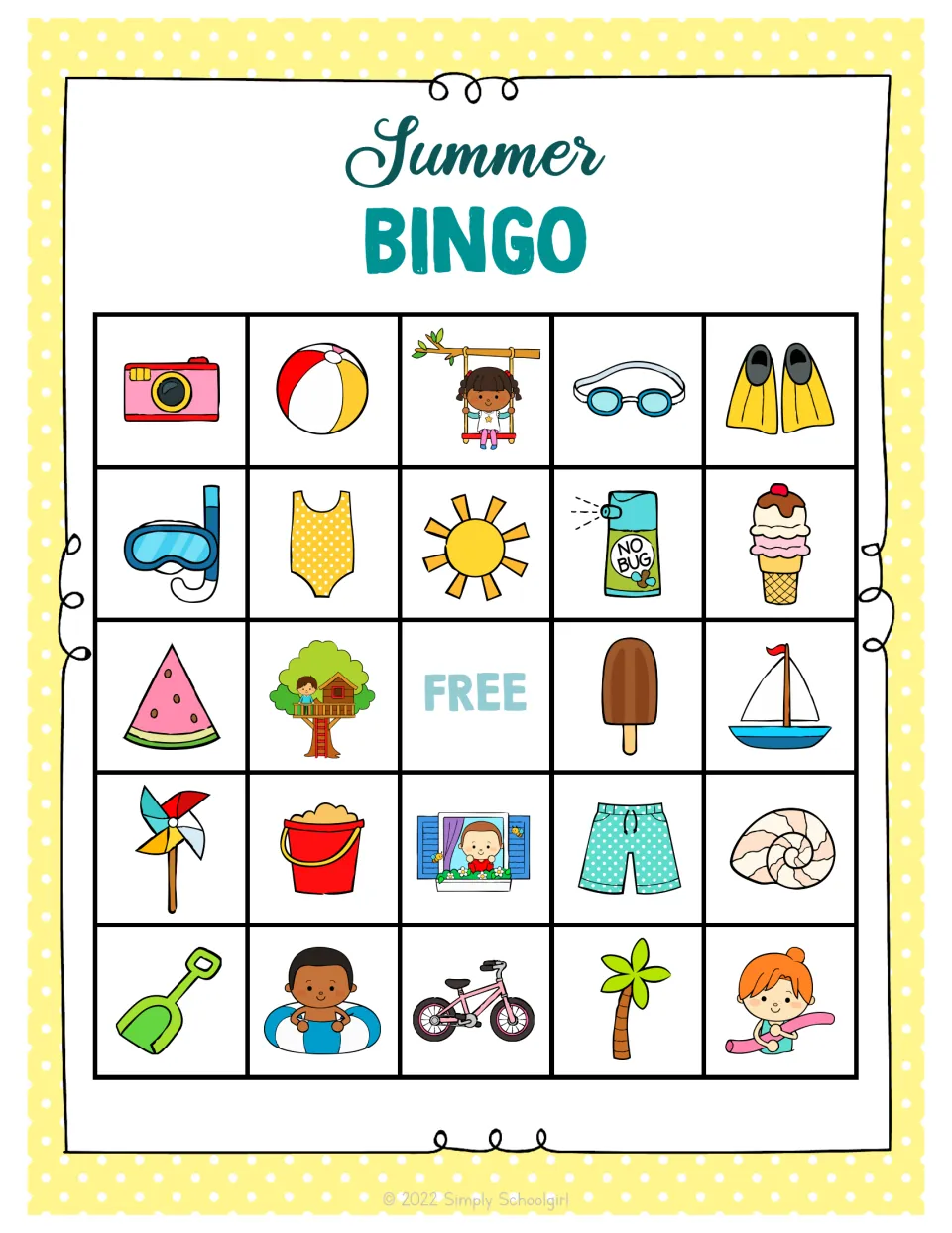 First supplied summer bingo board has 24 pictures, including camera, swing and treehouse, plus a free space